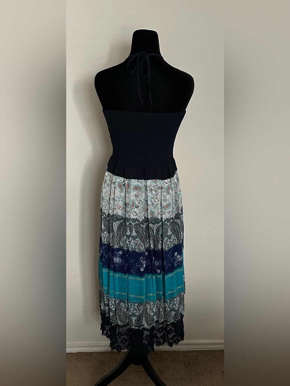 TERIA YABAR Strapless Boho Midi Dress in Navy and Teal Paisley - Picture 3 of 14